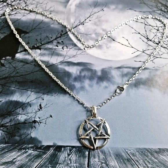 Silver Interlocking Pentagram Necklace LHP Gothic - Picture 3 of 4